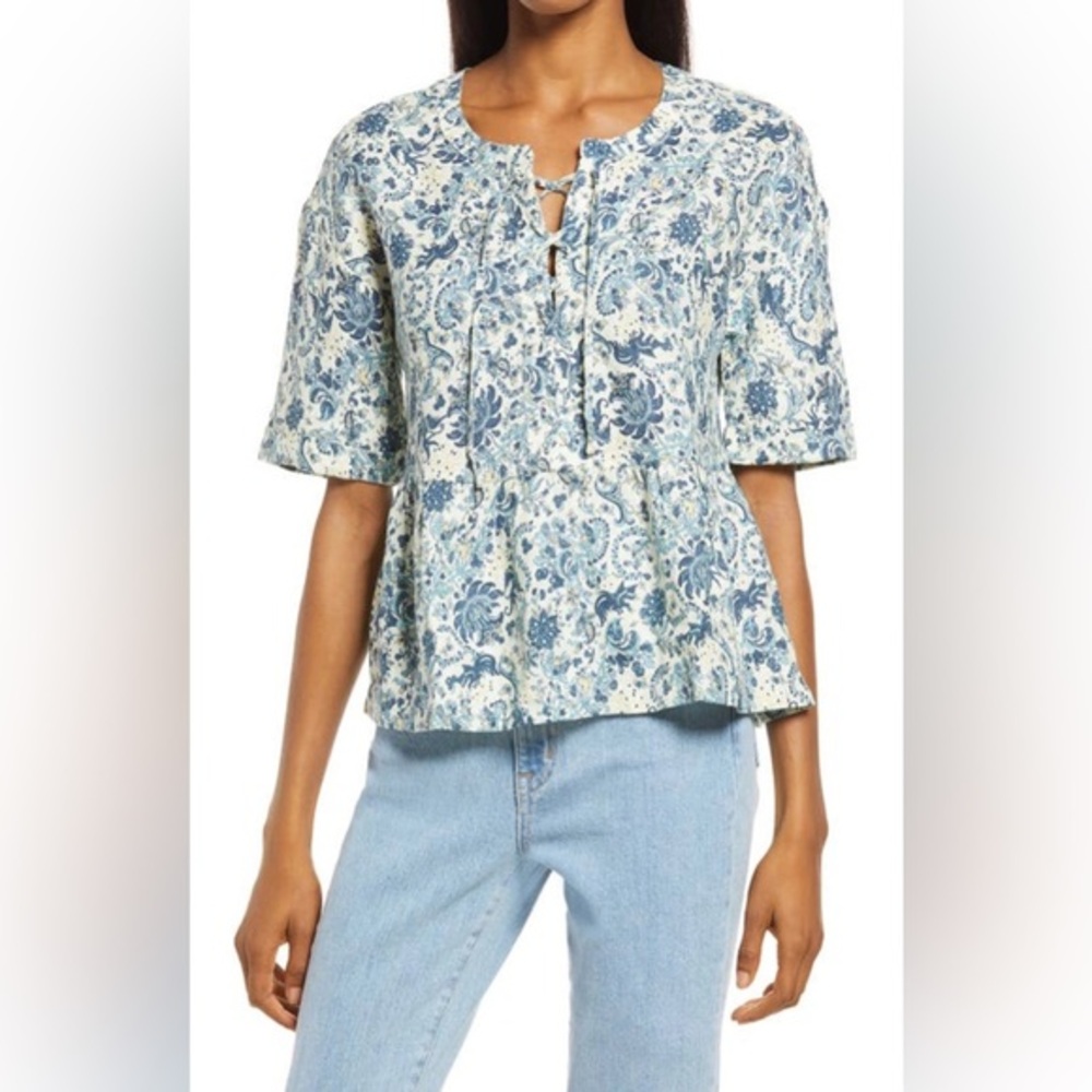 FAHERTY Salinas Floral Lace-Up Linen Top NWOT Size - S